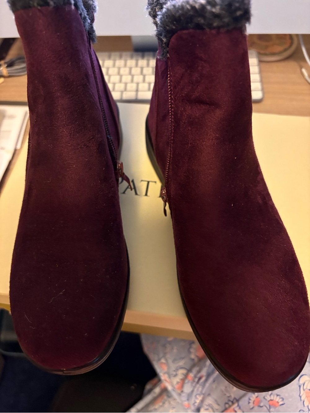 Women's Burgundy Suede Faux-Fur Lined Ankle Booties